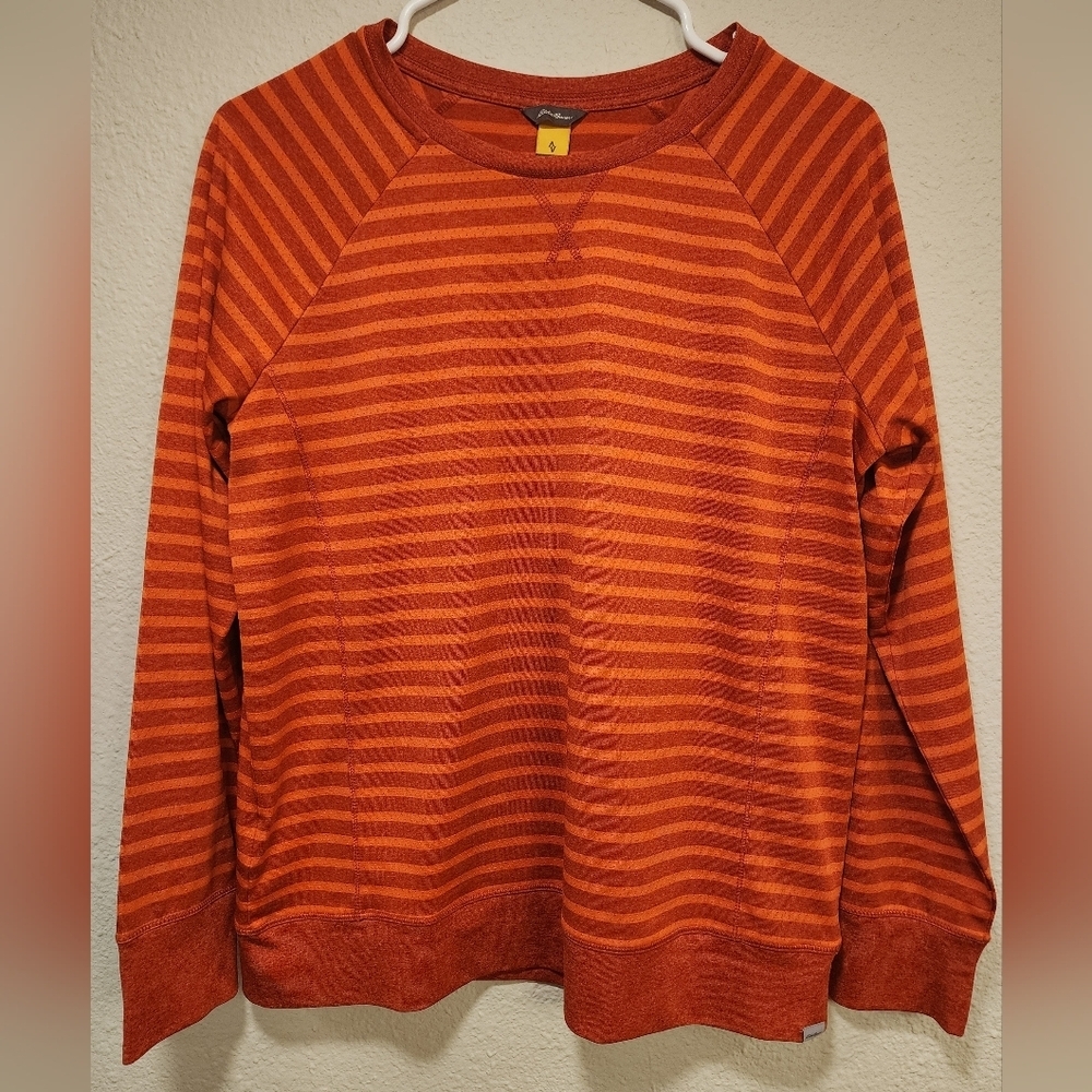 Eddie Bauer Men's Striped Red-Orange Crewneck Sweater